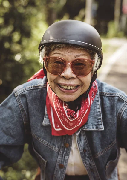 Asian Woman Wearing Helmet Glasses Red Scarf Outdoors — Stock Photo, Image