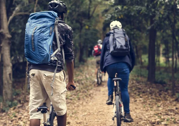 Arkadaş Grubu Birlikte Ormanın Içinde Dağ Bisikleti Binmek — Stok fotoğraf