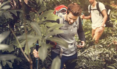 Erkekler bir ormanda yürüyüş