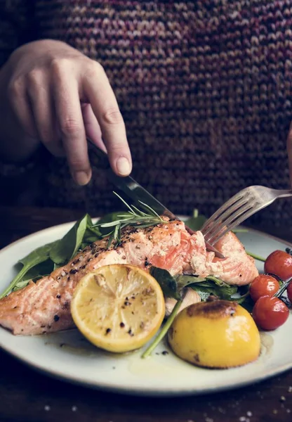 Pečený Losos Potravin Fotografie Recept Nápad — Stock fotografie