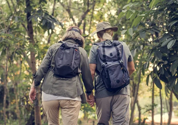 老夫妇牵手走在森林里 — 图库照片