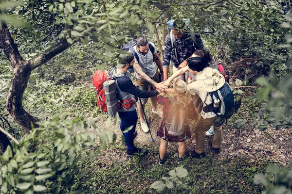 Trekking Juntos Bosque —  Fotos de Stock