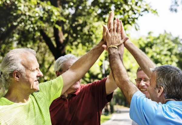 Grupp Senior Sportiga Män Ger Hög Fem Park — Stockfoto