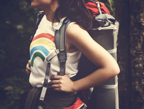 Partial View Woman Trekking Forest Travel Backpack — Stock Photo, Image