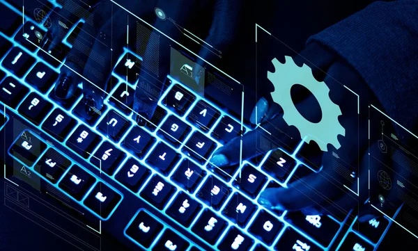 Nahaufnahme Von Hackerfingern Die Auf Neon Tastatur Tippen Programmiersoftware — Stockfoto