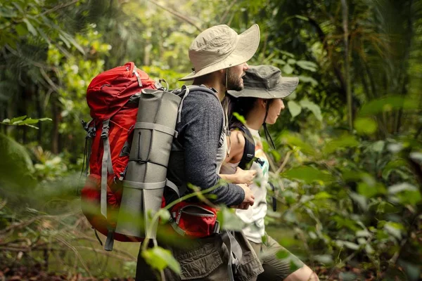 Vrienden Met Rugzakken Trekking Door Een Bos — Stockfoto