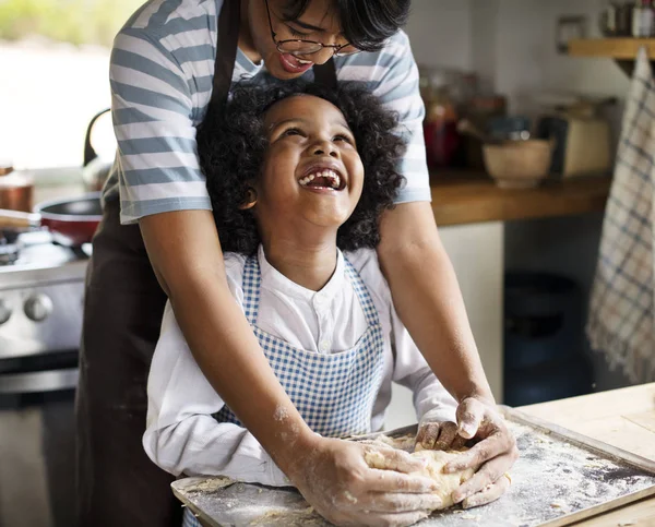 Mother Son Kneading Dough Kitchen — Stock Photo, Image