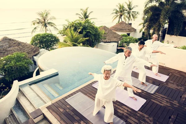 Grupo Personas Mayores Que Practican Yoga Por Mañana — Foto de Stock