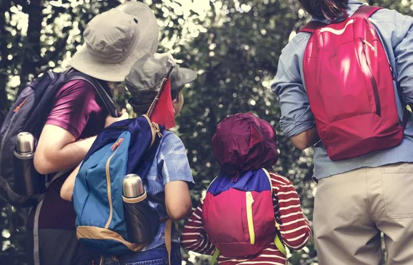 Arkadan Görünüş aile yürüyüşçü üzerinde uzak ormanda seyir sırt çantaları ile