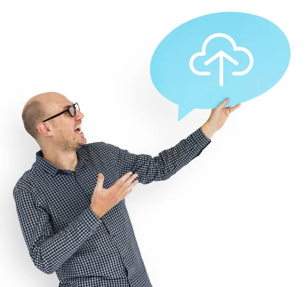 Szczęśliwy Człowiek Posiadający Cloud Computing Symbol — Zdjęcie stockowe