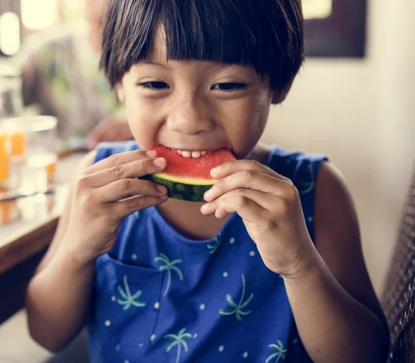 Little Boy Enjoying Piece Watermelon — Stock Photo, Image