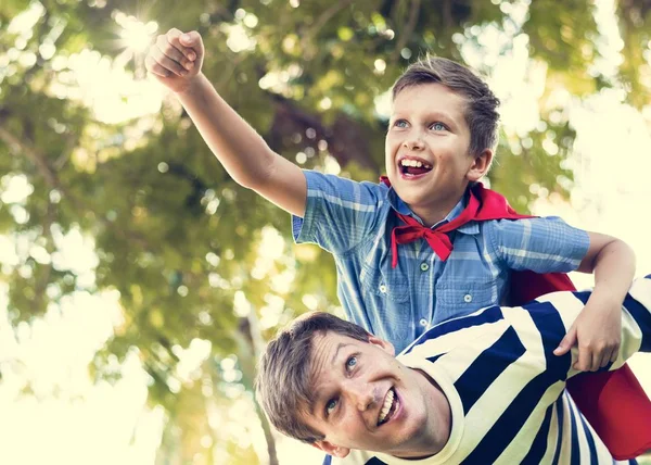 Superhero Boy Flying Back His Dad — Stock Photo, Image