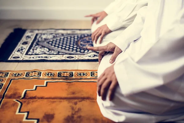 Muslim Men Prayers Tashahhud Posture Cropped Image People Sitting Rugs — Stock Photo, Image