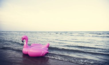 Plajda şişme pembe flamingo tüp