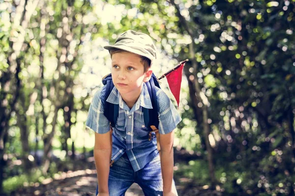 Küçük Çocuk Bir Orman Yoluyla Yürüyüş Sırasında Yorgun — Stok fotoğraf