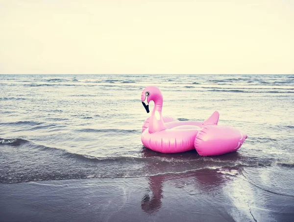 Felfújható Rózsaszín Flamingó Cső Strandon — Stock Fotó