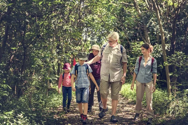 Gezin Met Kinderen Wandelen Het Bos — Stockfoto