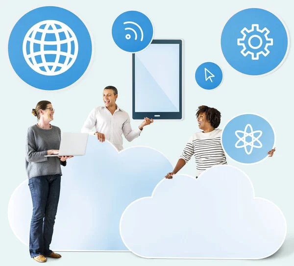 Šťastní Lidé Ikony Cloudu Technologie — Stock fotografie