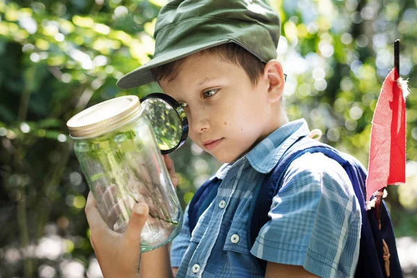 Niño Examinando Una Planta Frasco Con Una Lupa — Foto de Stock