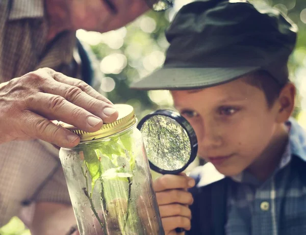 Jongen Bestuderen Van Een Plant Pot Met Een Vergrootglas — Stockfoto