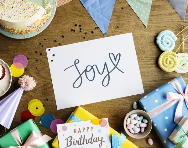 Szöveg Öröm Egy Születésnapi Party — Stock Fotó