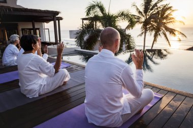 Grup pratik yoga havuzun yanında yaşlılar