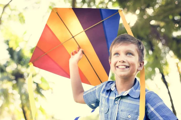 Chłopiec Uśmiechając Się Bawi Się Kolorowy Latawiec — Zdjęcie stockowe
