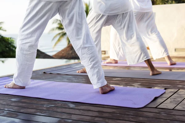 Grupo Personas Mayores Practicando Yoga Junto Piscina — Foto de Stock