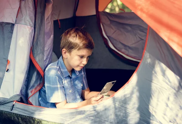 Little Boy Looking Instant Photo Sitting Tent — Stock Photo, Image