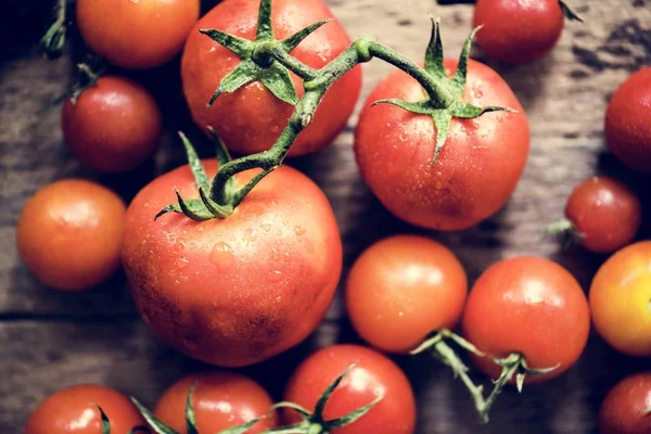 Closeup Fresh Organic Tomatoes Wooden Background — Stock Photo, Image