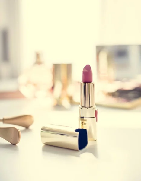 Close Shot Red Lipstick White Table — Stock Photo, Image