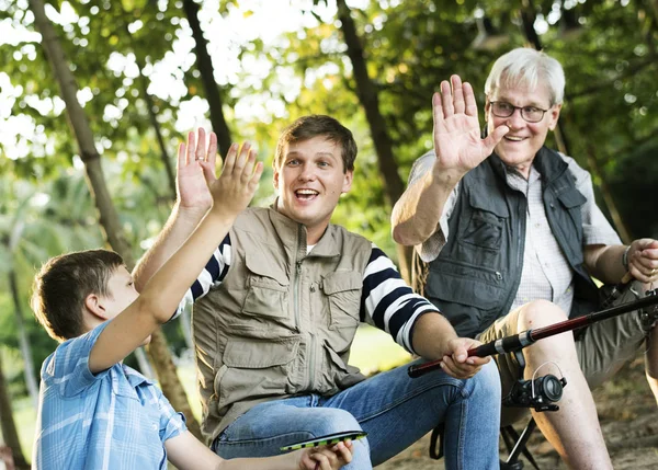 Grandfather Father Son Making High Five While Fishing — Stock Photo, Image