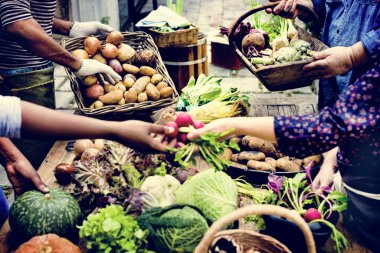 Markette taze organik sebze satın insanlar