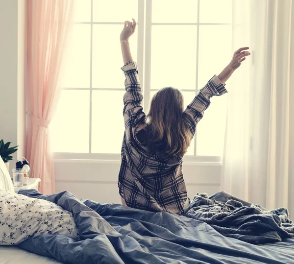 Rear View Young Woman Stretching Her Arms Waking Morning — Stock Photo, Image