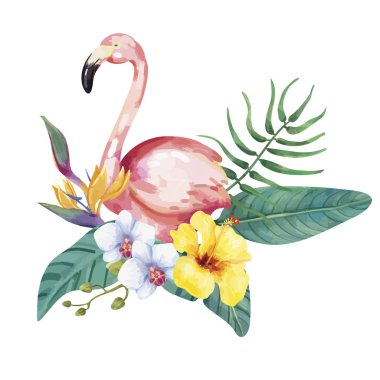 Tropikal çiçeklerle flamingo kuşu el çekilmiş