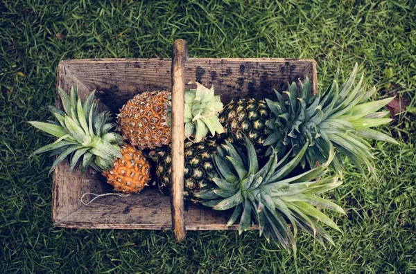 Luchtfoto Van Ananas Houten Mandje — Stockfoto