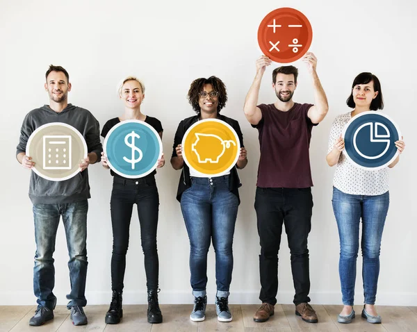 Diverse People Holding Financial Icons — Stock Photo, Image