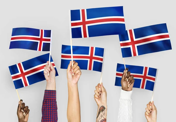 Les Mains Agitant Les Drapeaux Islande — Photo