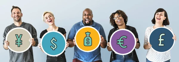 Diverse People Holding Financial Icons — Stock Photo, Image