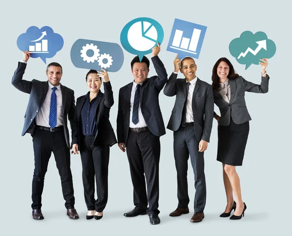 Diverse Business People Holding Speech Bubbles Icons — Stock Photo, Image