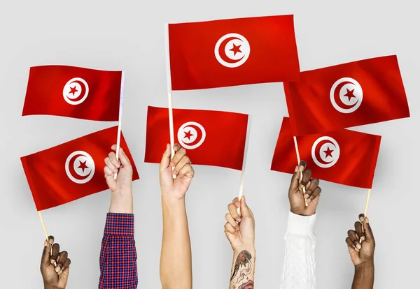 Руки Размахивают Флагами Туниса — стоковое фото