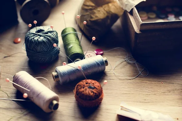 Sewing Spools Tools Wooden Table — Stock Photo, Image