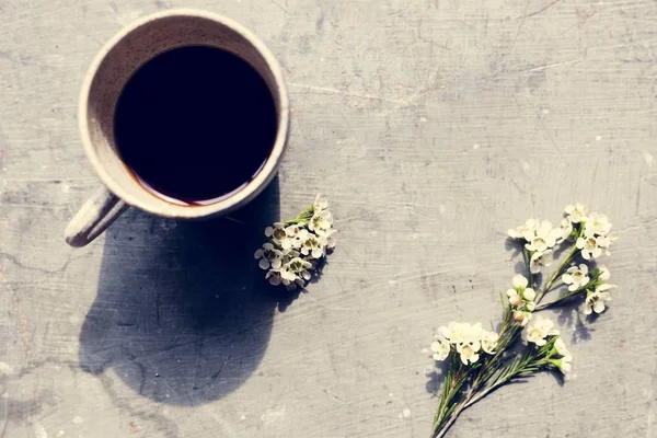 Vista Aérea Taza Café Con Flores Cera — Foto de Stock