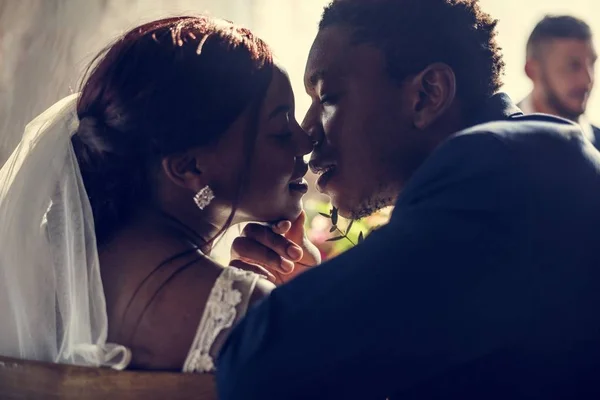 Newlywed African Descent Bride Kissing Groom Wedding Celebration — Stock Photo, Image