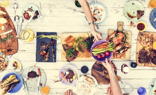 Letecký Pohled Rukou Sdílení Potraviny Dohromady — Stock fotografie