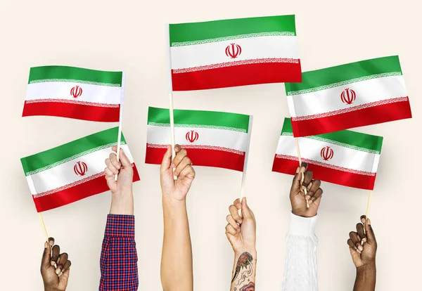 Manos Ondeando Las Banderas Irán — Foto de Stock