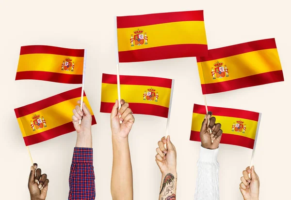 Händer Vifta Med Flaggor Spanien — Stockfoto