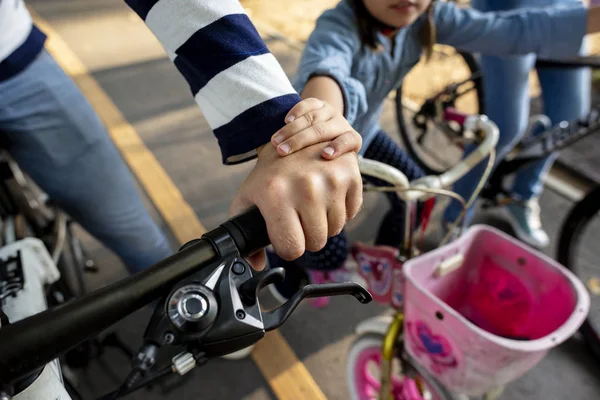 Family Bike Ride Park Little Girl Bicycle Holding Father Hand — Stock Photo, Image