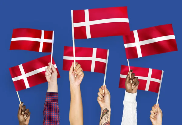 Danimarka Bayrakları Sallayarak Elleri — Stok fotoğraf