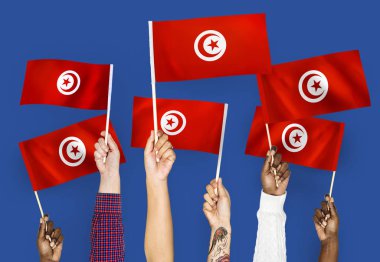 Tunus bayrakları sallayarak elleri